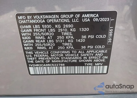 2024 Volkswagen Atlas 2.0T Se W/Technology из США, поврежденный, VIN 1V2HR2CA9RC522788